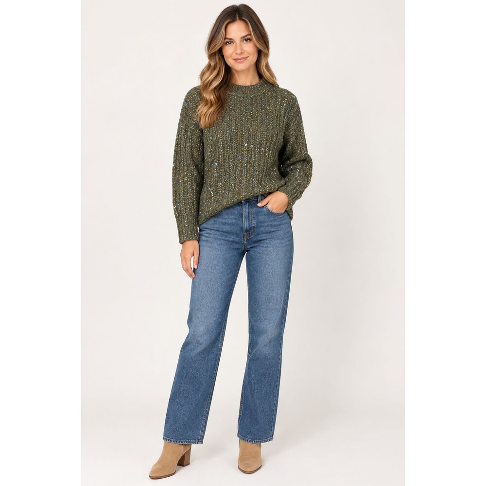 Talbots MEDIUM Olive Green Donegal Tweed Mock Neck Ribbed Chunky Knit Sweater